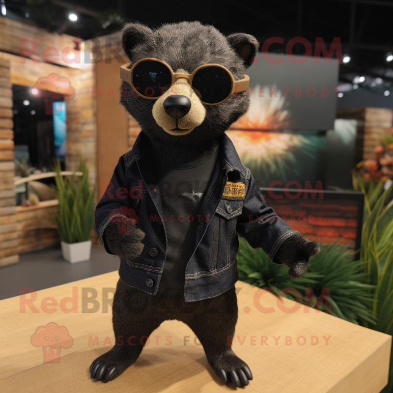 Black Mongoose mascot costume character dressed with a Jeans and Sunglasses