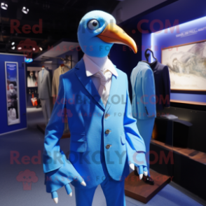 Blue Albatross mascot costume character dressed with a Blazer and Brooches