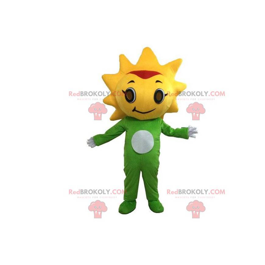 Mascota de traje de sol amarillo y verde. Traje de verano -