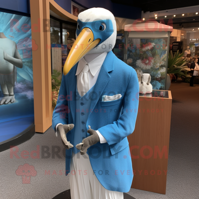 Blue Albatross mascot costume character dressed with a Blazer and Brooches Blue Albatross mascot costume character dressed with a Blazer and Brooches