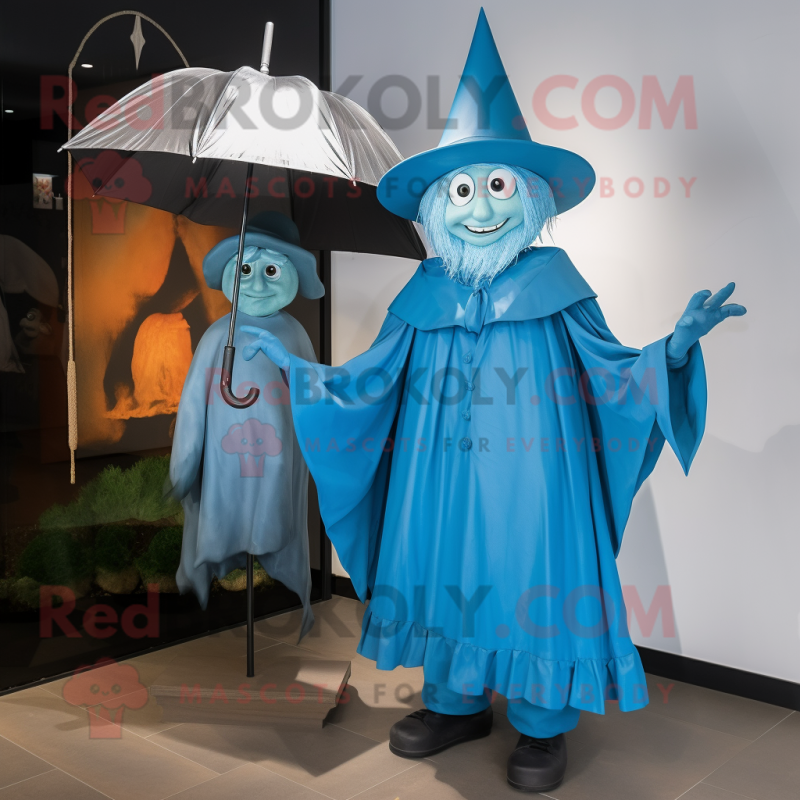 Cyan Witch mascot costume character dressed with a Raincoat and Ties