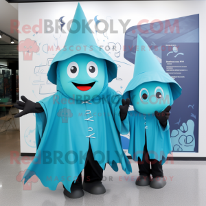 Cyan Witch mascot costume character dressed with a Raincoat and Ties