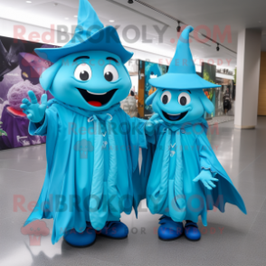 Cyan Witch mascot costume character dressed with a Raincoat and Ties