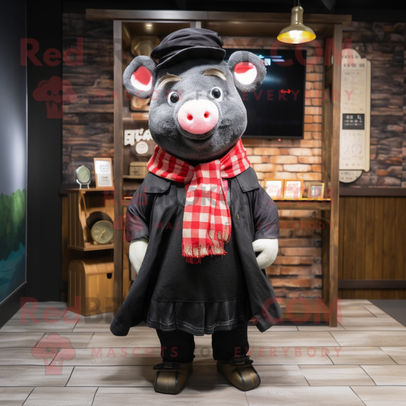 Black Pig mascot costume character dressed with a Romper and Scarves