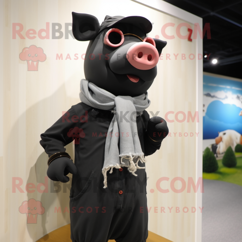 Black Pig mascot costume character dressed with a Romper and Scarves