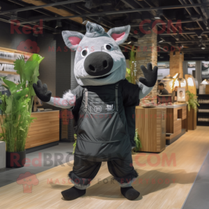 Black Pig mascot costume character dressed with a Romper and Scarves