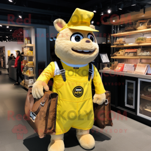 Lemon Yellow Pulled Pork Sandwich mascot costume character dressed with a Overalls and Tote bags