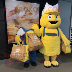 Lemon Yellow Pulled Pork Sandwich mascot costume character dressed with a Overalls and Tote bags