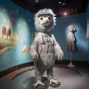 Silver Ostrich mascot costume character dressed with a Raincoat and Beanies