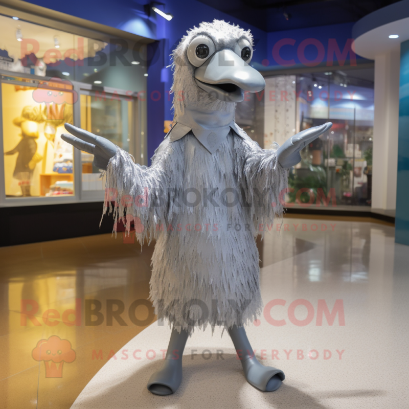 Silver Ostrich mascot costume character dressed with a Raincoat and Beanies