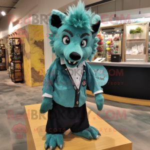 Teal Hyena mascot costume character dressed with a Dress Shirt and Hair clips