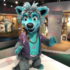 Teal Hyena mascot costume character dressed with a Dress Shirt and Hair clips