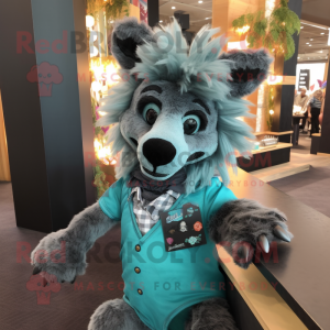 Teal Hyena mascot costume character dressed with a Dress Shirt and Hair clips