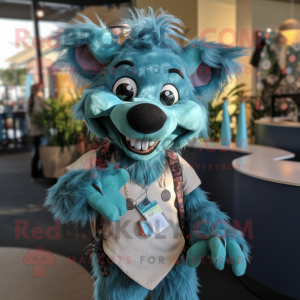 Teal Hyena mascot costume character dressed with a Dress Shirt and Hair clips