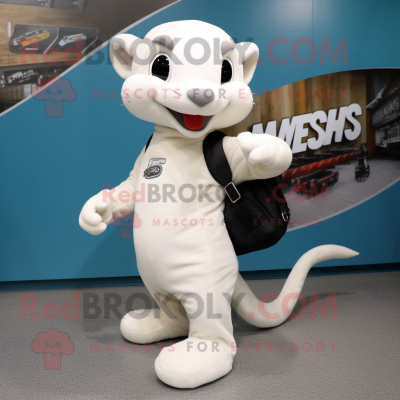 White Weasel mascot costume character dressed with a Jeggings and Messenger bags White Weasel mascot costume character dressed with a Jeggings and Messenger bags