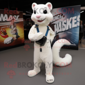 White Weasel mascot costume character dressed with a Jeggings and Messenger bags