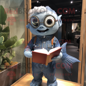 Gray Goldfish mascot costume character dressed with a Denim Shirt and Reading glasses