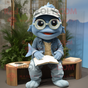 Gray Goldfish mascot costume character dressed with a Denim Shirt and Reading glasses