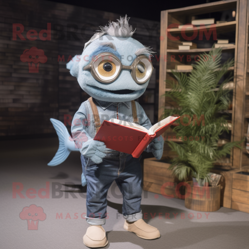 Gray Goldfish mascot costume character dressed with a Denim Shirt and Reading glasses