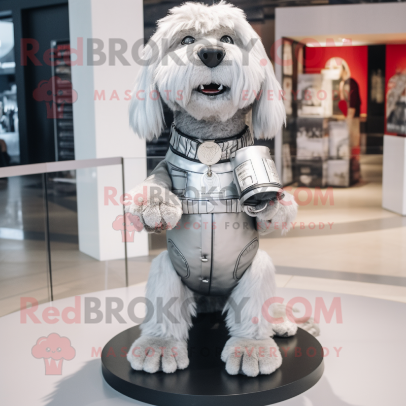 Silver Dog mascot costume character dressed with a Mini Dress and Belts Silver Dog mascot costume character dressed with a Mini Dress and Belts