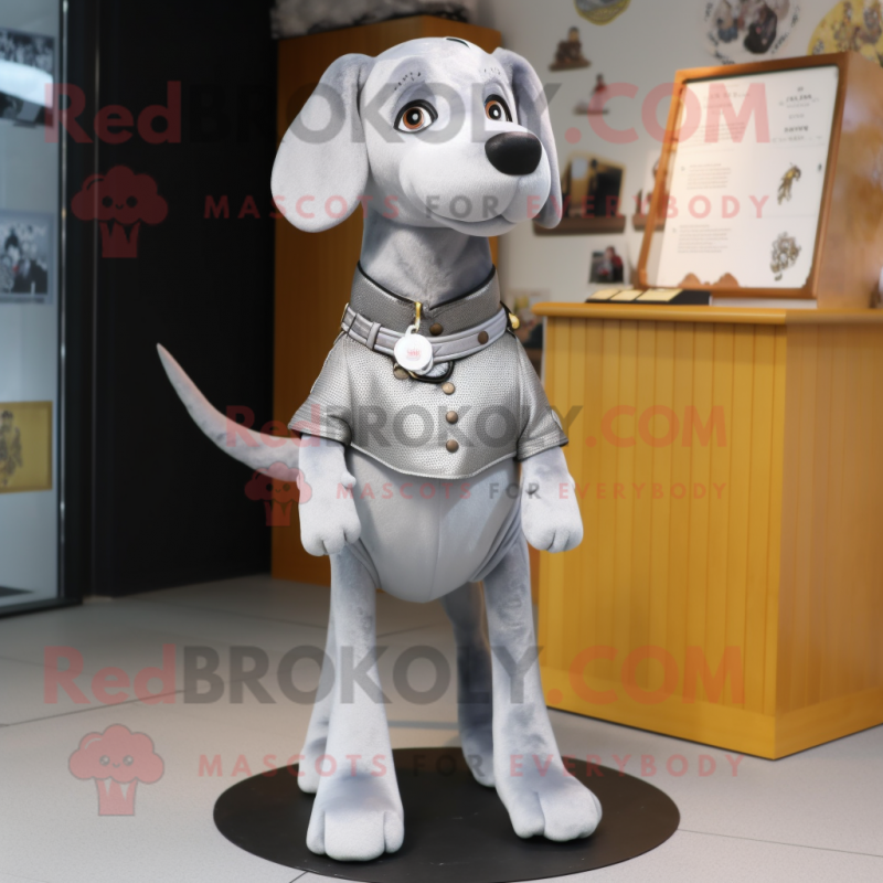 Silver Dog mascot costume character dressed with a Mini Dress and Belts Silver Dog mascot costume character dressed with a Mini Dress and Belts