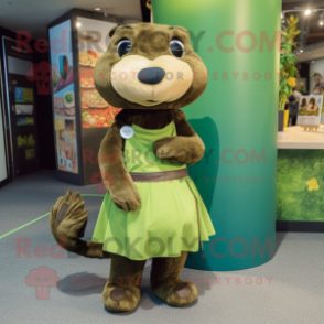 Olive Otter mascot costume character dressed with a Wrap Skirt and Hair clips