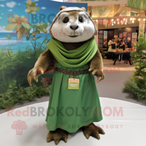 Olive Otter mascot costume character dressed with a Wrap Skirt and Hair clips