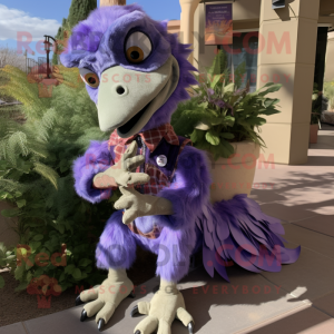 Lavender Utahraptor mascot costume character dressed with a Vest and Shoe clips