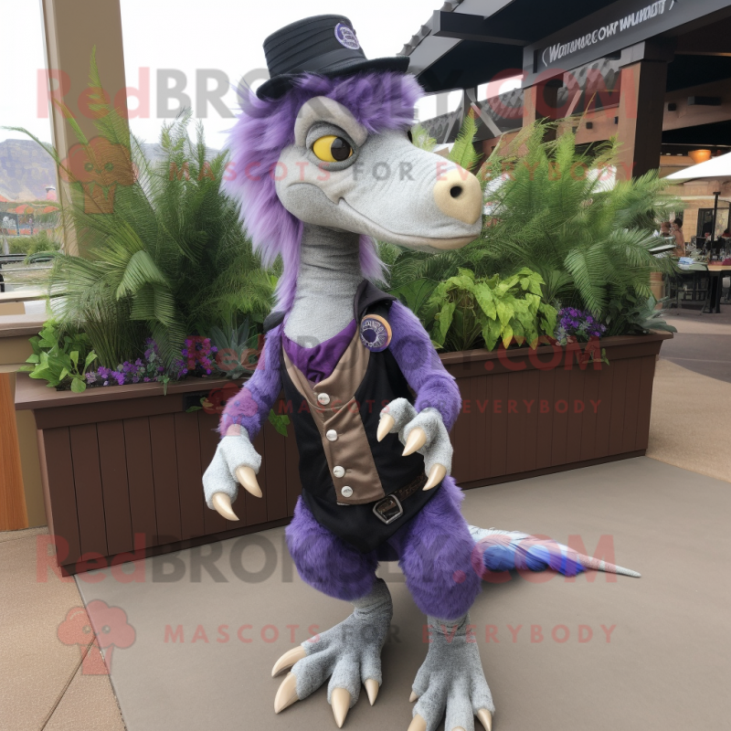 Lavender Utahraptor mascot costume character dressed with a Vest and Shoe clips