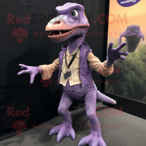 Lavender Utahraptor mascot costume character dressed with a Vest and Shoe clips