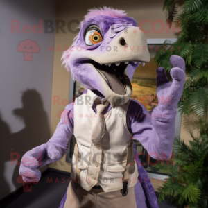 Lavender Utahraptor mascot costume character dressed with a Vest and Shoe clips