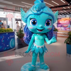 Cyan Mermaid mascot costume character dressed with a Romper and Bracelets