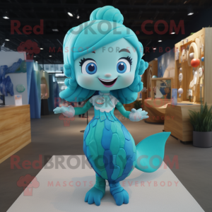 Cyan Mermaid mascot costume character dressed with a Romper and Bracelets