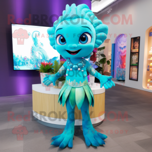 Cyan Mermaid mascot costume character dressed with a Romper and Bracelets