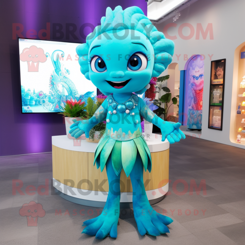 Cyan Mermaid mascot costume character dressed with a Romper and Bracelets Cyan Mermaid mascot costume character dressed with a Romper and Bracelets