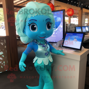 Cyan Mermaid maskot drakt...