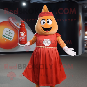 Peach Bottle Of Ketchup mascot costume character dressed with a Empire Waist Dress and Messenger bags
