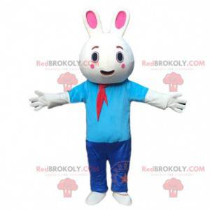 Mascotte costume da coniglio grassoccio vestita di blu. Costume