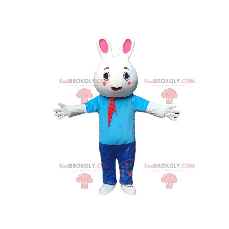Mascotte costume da coniglio grassoccio vestita di blu. Costume