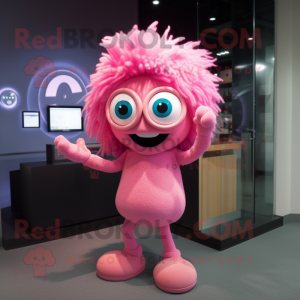 Pink Cyclops mascot costume character dressed with a Shorts and Hairpins