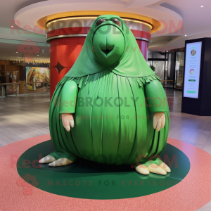 Green Walrus mascot costume character dressed with a Circle Skirt and Anklets