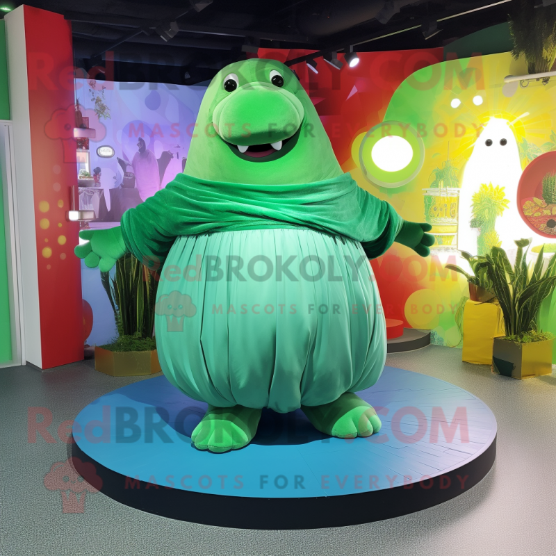 Green Walrus mascot costume character dressed with a Circle Skirt and Anklets Green Walrus mascot costume character dressed with a Circle Skirt and Anklets