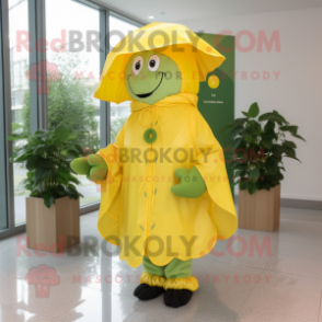 Lemon Yellow Four Leaf Clover mascot costume character dressed with a Raincoat and Caps