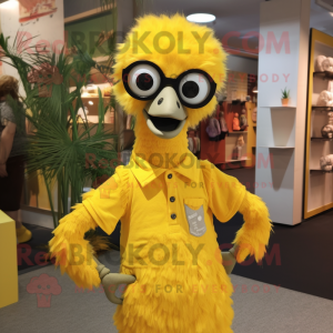 Yellow Ostrich mascot costume character dressed with a Henley Shirt and Eyeglasses