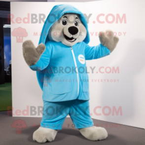 Sky Blue Marmot mascot costume character dressed with a Hoodie and Foot pads