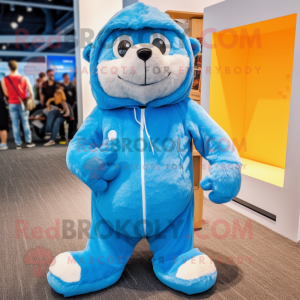 Sky Blue Marmot mascot costume character dressed with a Hoodie and Foot pads