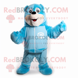 Sky Blue Marmot mascot costume character dressed with a Hoodie and Foot pads