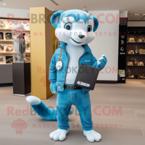 Sky Blue Ferret mascot costume character dressed with a Skinny Jeans and Wallets