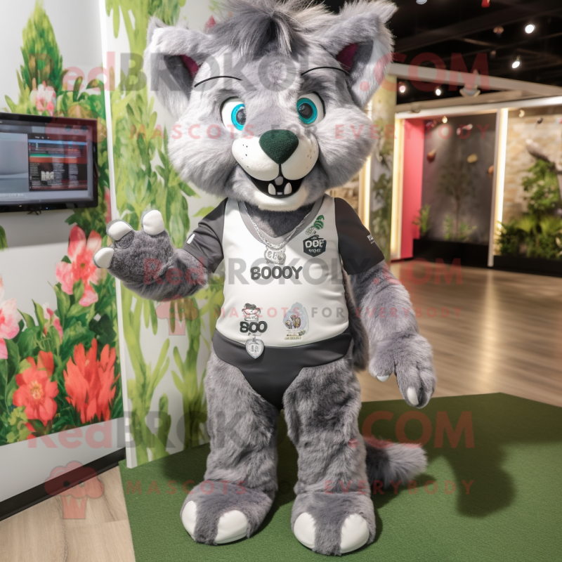 Gray Lynx mascot costume character dressed with a Bermuda Shorts and Hair clips Gray Lynx mascot costume character dressed with a Bermuda Shorts and Hair clips