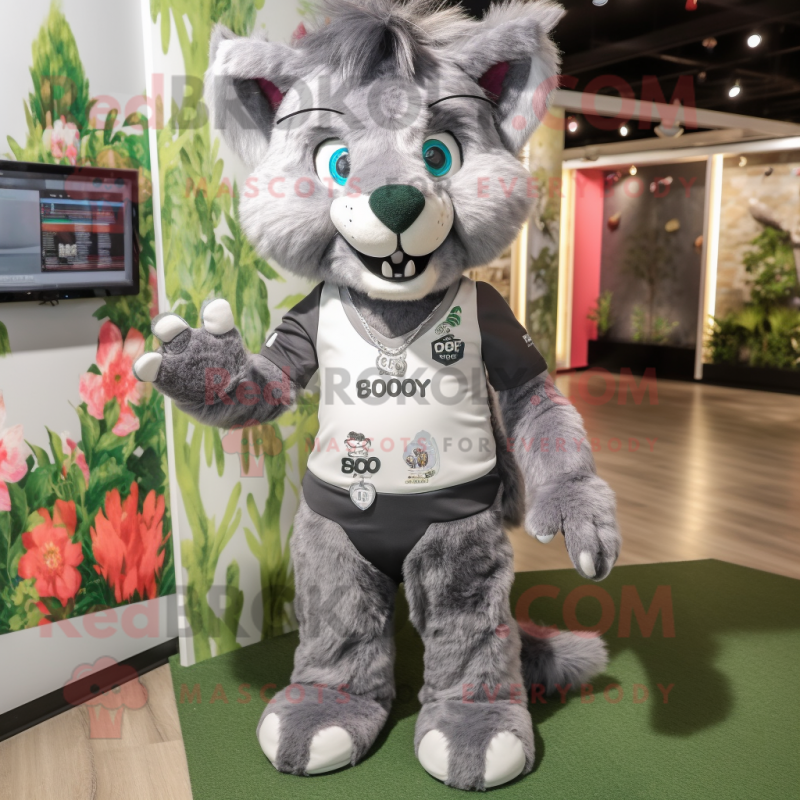 Gray Lynx mascot costume character dressed with a Bermuda Shorts and Hair clips